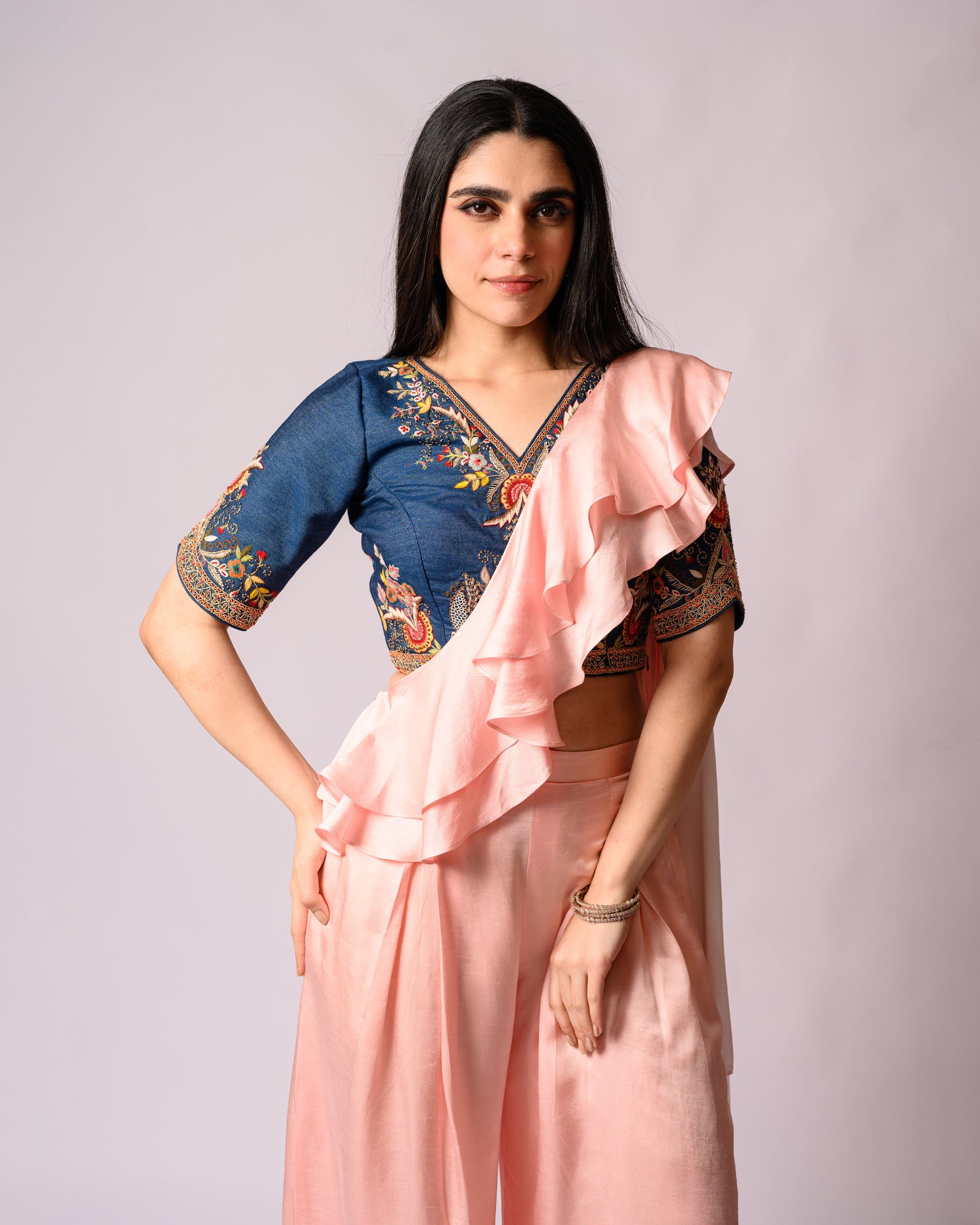 Saree With Denim Blouse