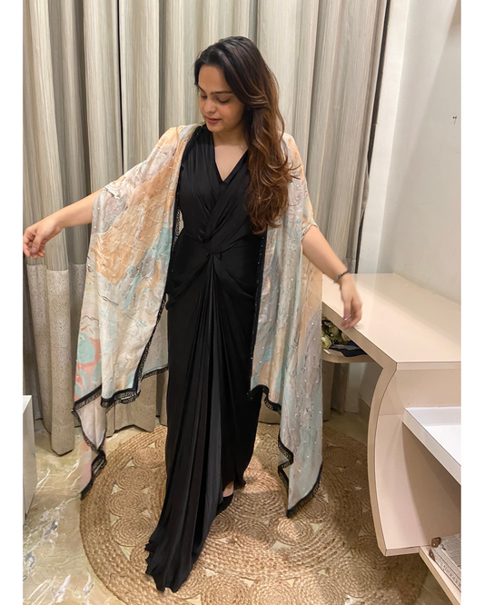 Black Gown With Marble Embroided Jacket Set