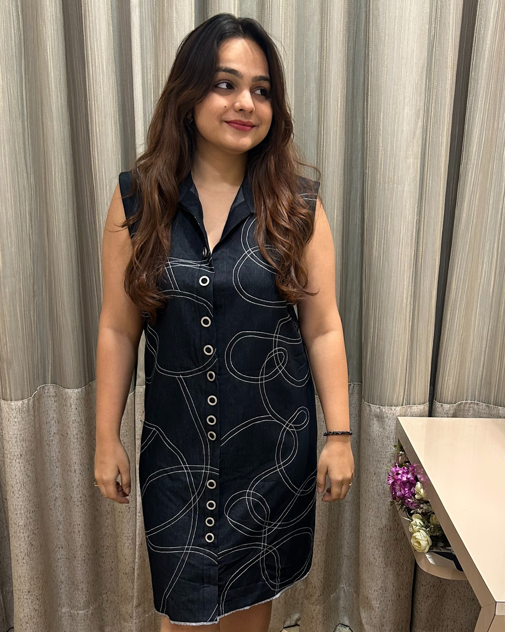 Black Denim Metal Button Dress