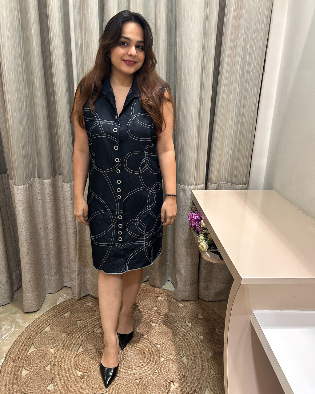 Black Denim Metal Button Dress