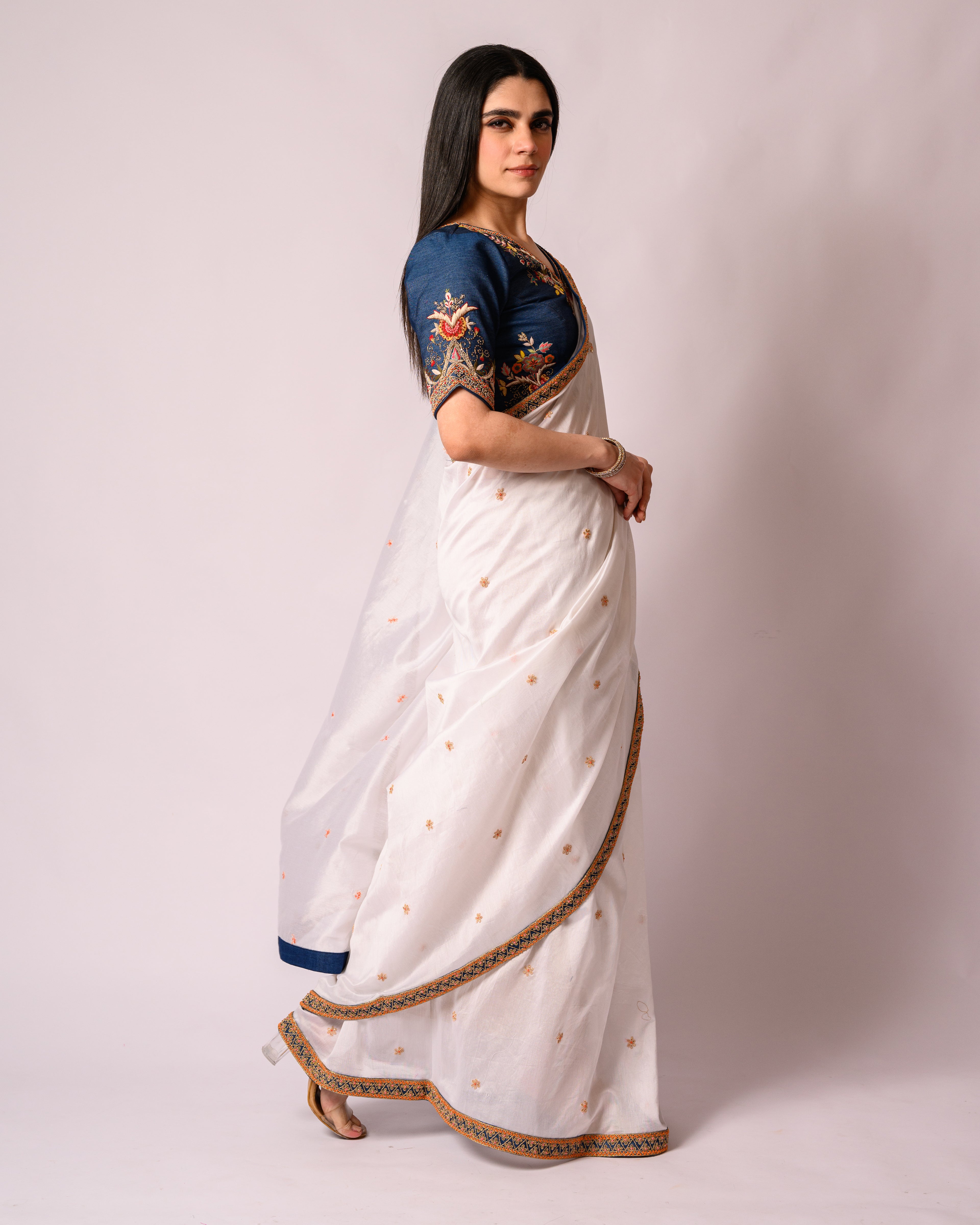 White Saree with Lace and Denim Blouse
