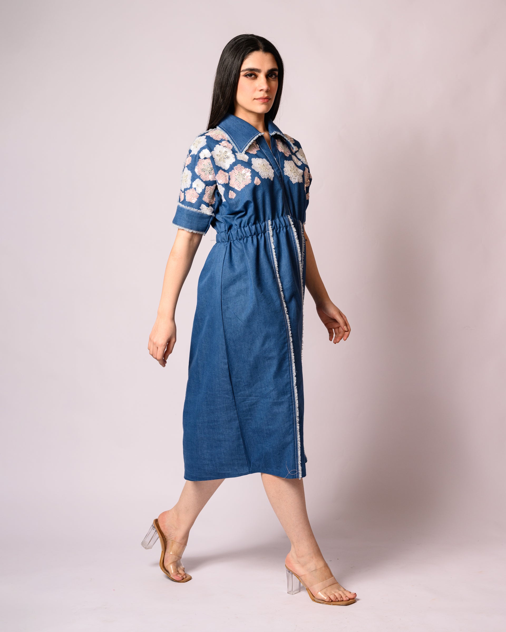 Denim Dress with a Floral Touch  Label Sakshi Tibrewal
