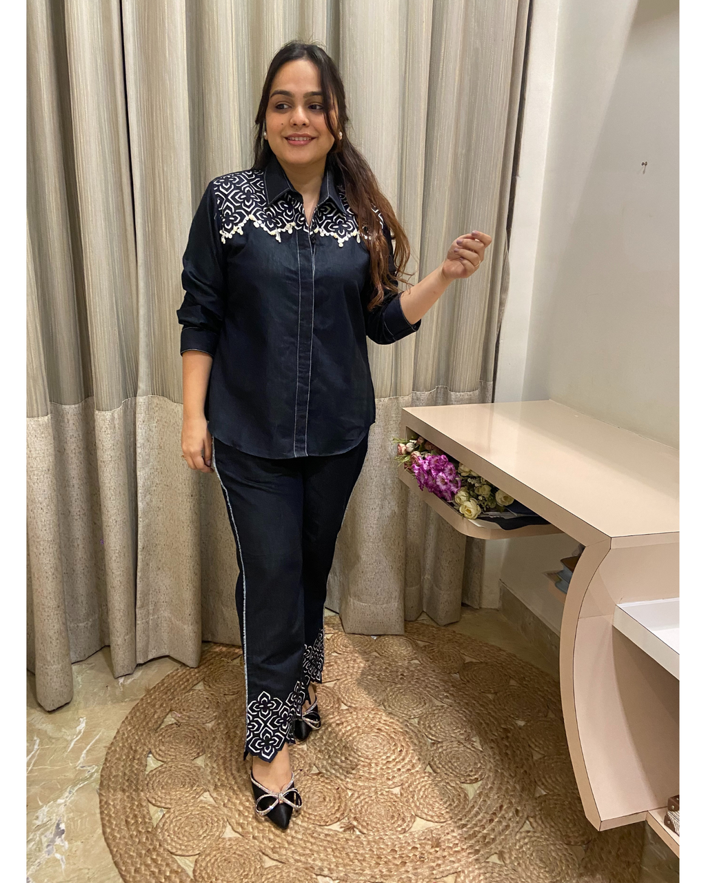 Black Denim Cutwork Co-Ord Set