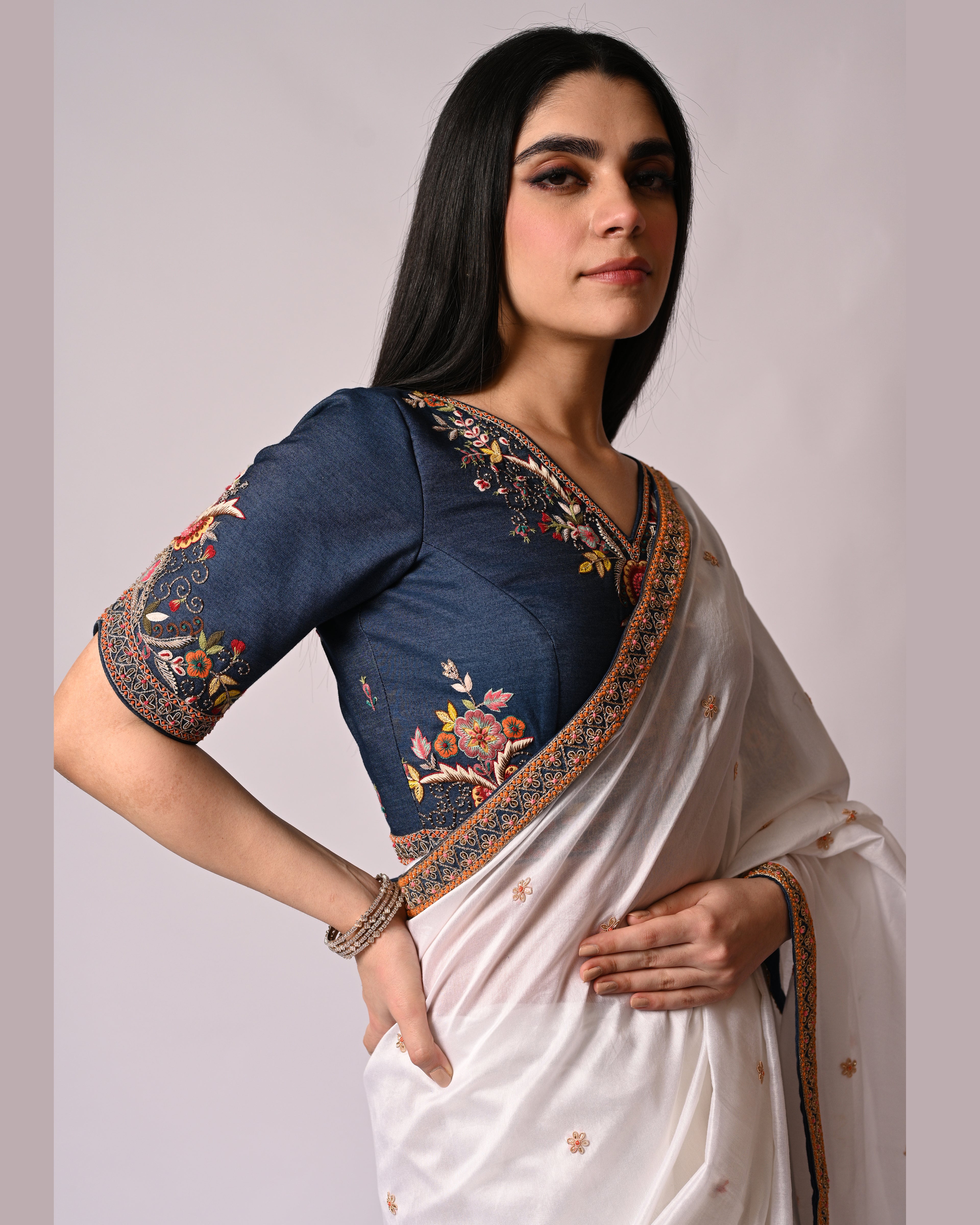 White Saree with Lace and Denim Blouse