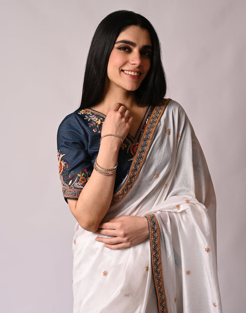 White Saree with Lace and Denim Blouse